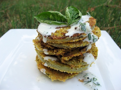 Fried Green Tomatoes with Crème Fraîche Drizzle Fried Green Tomatoes with Crème Fraîche Drizzle picture